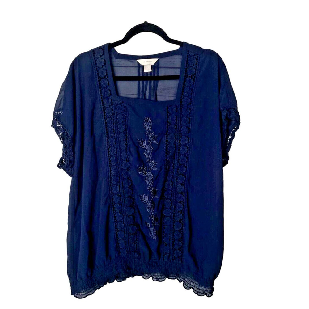 CJ Banks Navy Blue Embroidered Floral Lace Flowy Boho Top Womans Plus‎ Size 1X